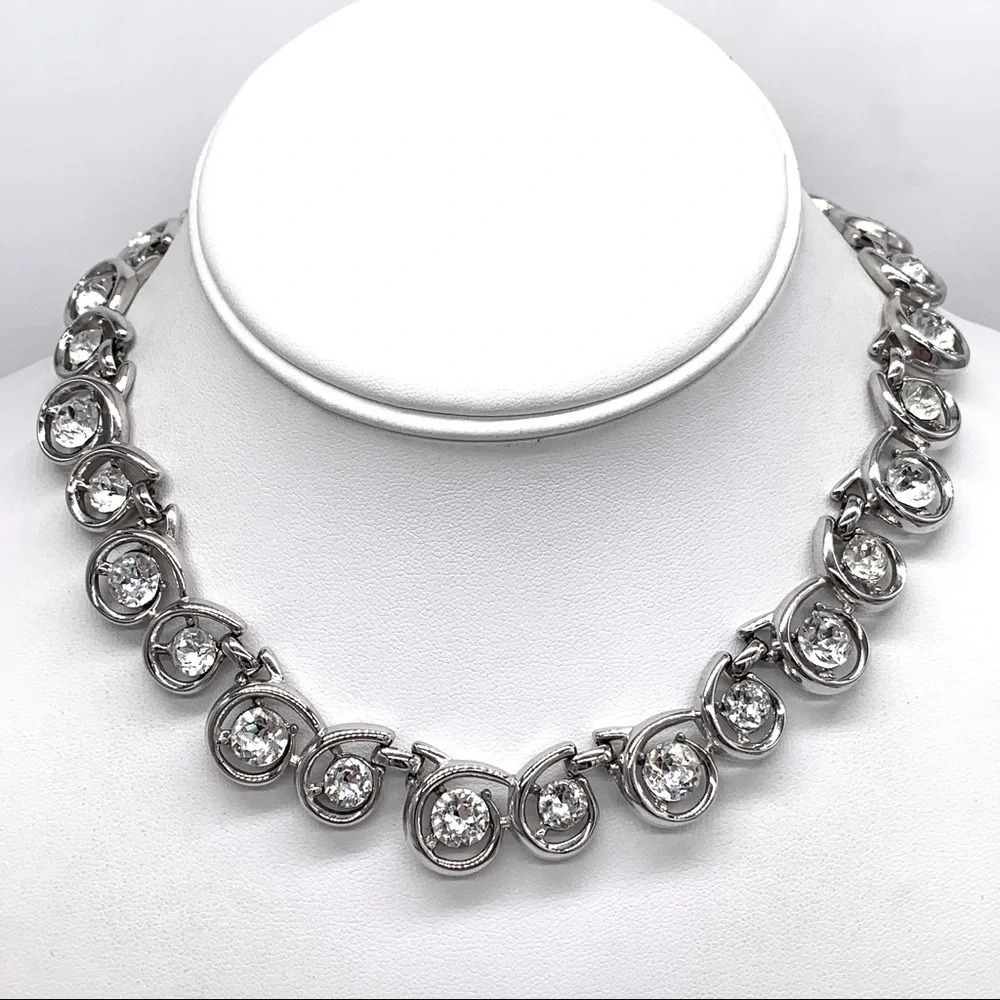 Trifari Vintage Silver Crystal Collar Necklace